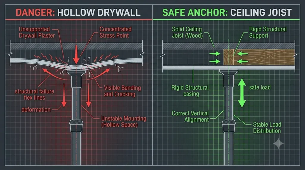Technical structural diagram comparing incorrect tension pole placement against hollow drywall versus correct lease-compliant installation under a solid wooden ceiling joist.