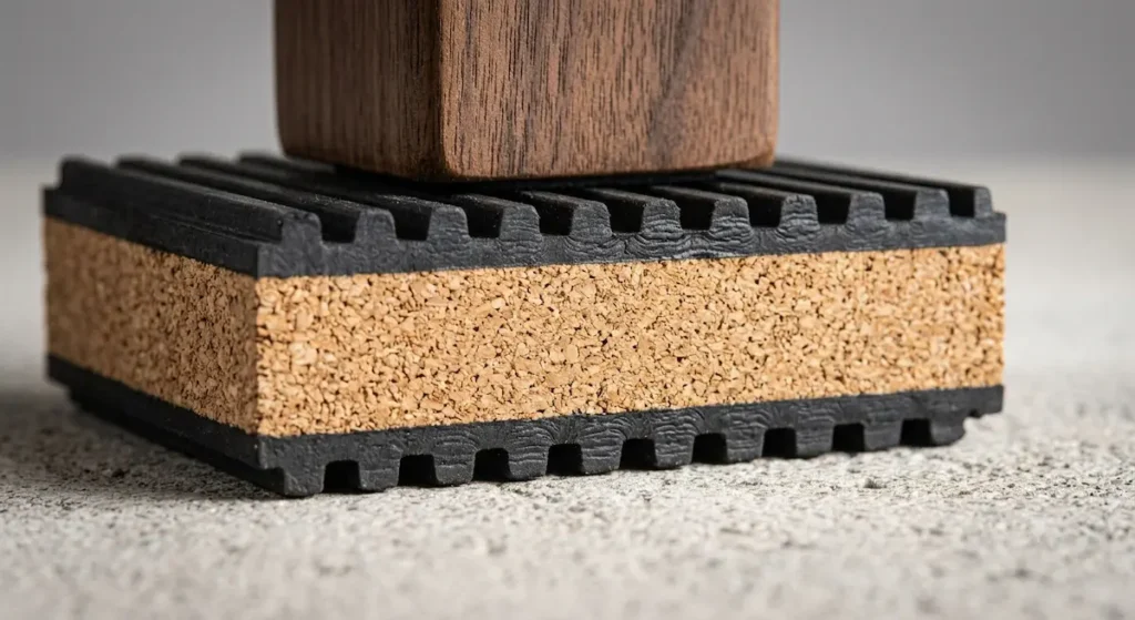 A professional product review photograph of a square 4x4x7/8-inch DiversiTech MP-4C rubber cork anti vibration pads for desk legs, showing a natural cork center sandwiched between corrugated rubber.
