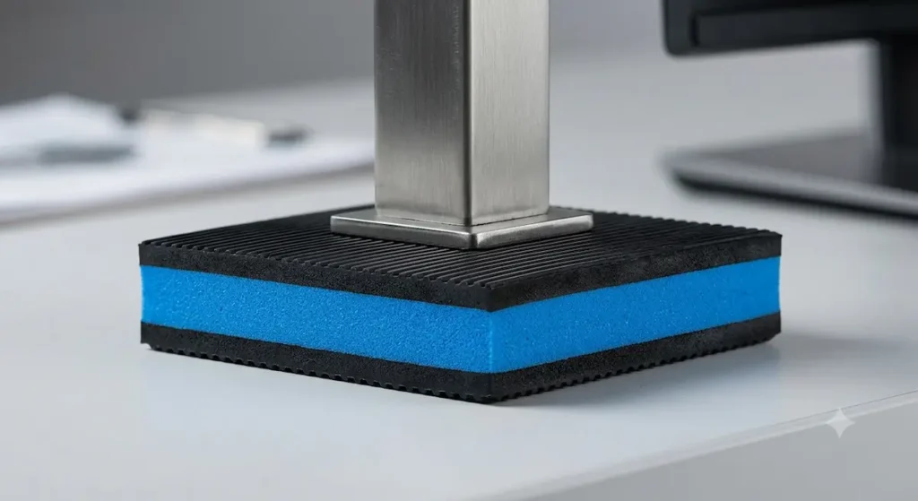 • A professional product review photograph of a square DiversiTech MP-4E E.V.A. heavy duty anti vibration pads for desk support columns, displaying its blue center foam core sandwiched between ribbed rubber.