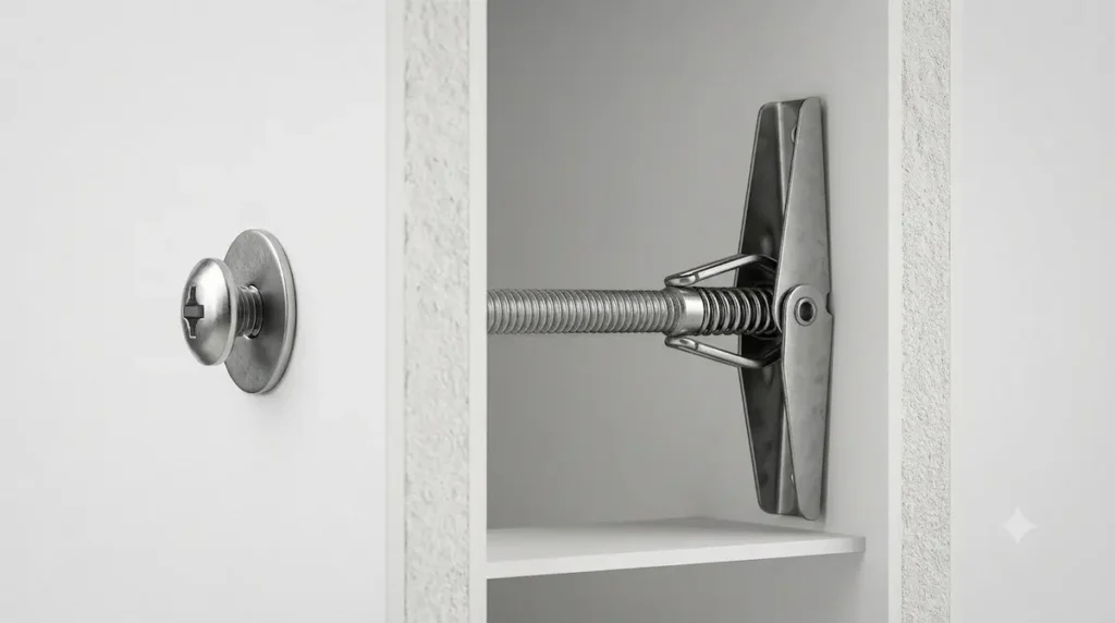 3D architectural cutaway diagram of a spring-wing toggle bolt anchor half-installed and expanded inside a hollow gypsum drywall cavity.