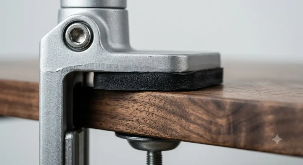 An extreme close-up macro product review shot focusing on the silver metal desk clamp baseplate of an Ergotron LX monitor arm. A thick sheet of protective black anti-skid rubber padding isolates the metal bracket completely from scratching the dark walnut desk edge.