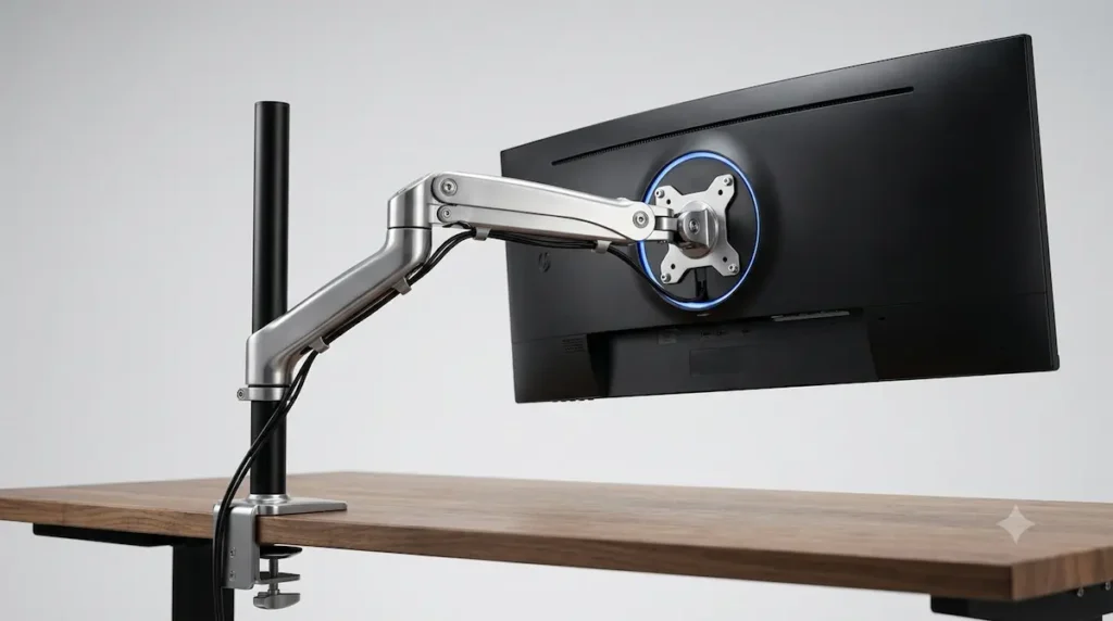 A polished aluminum Ergotron LX tall pole articulating monitor arm clamped to a wood desk surface, holding a black ultrawide curved monitor from behind against a clean light gray backdrop.