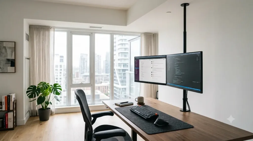 A sleek matte black floor to ceiling tension pole office mount cleanly floating a dual monitor arm setup above a minimalist solid wood home workstation desk in a bright rental apartment.