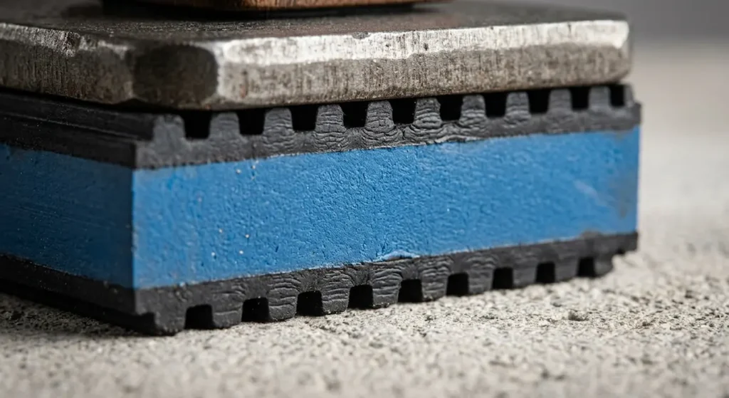 • An extreme close up macro product photograph showing a square heavy duty ribbed rubber anti vibration pad with a solid blue core compressing under an industrial metal desk foot.