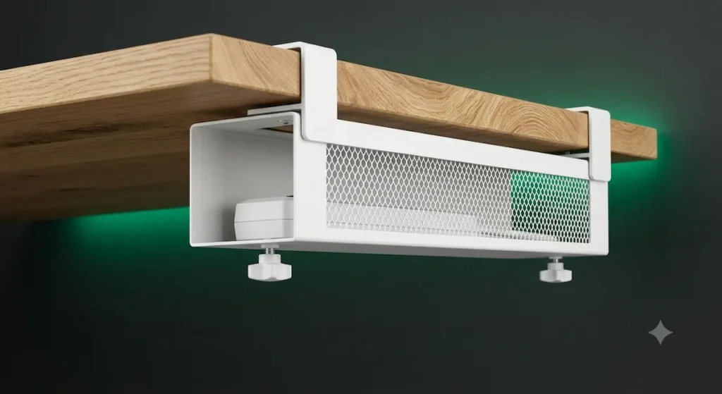 White IKEA FÖRSÄSONG clamp on under desk cable management tray with a white mesh front panel mounted onto a light oak wooden desk.