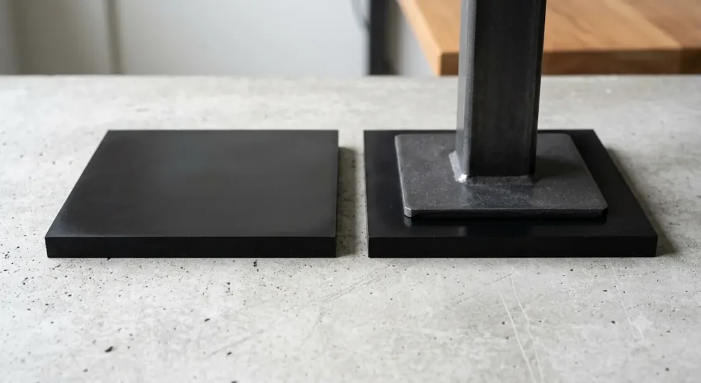 A professional product review photograph of two thick matte black square Isolate It Sorbothane heavy duty anti vibration pads for desk legs resting on a light gray concrete surface.