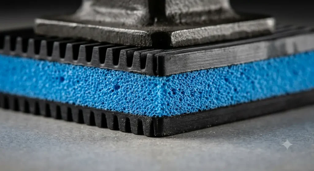 • An extreme close up macro product photograph showing a square DiversiTech MP-4E E.V.A. heavy duty anti vibration pad compressing its blue foam core beneath a heavy metal desk leg.