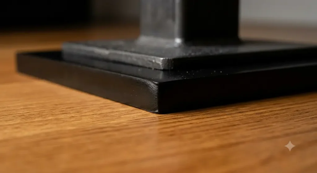 • An extreme close up macro product photograph showing a thick black square Isolate It Sorbothane heavy duty anti vibration pad compressing flat between a steel desk leg foot and a polished hardwood floor.