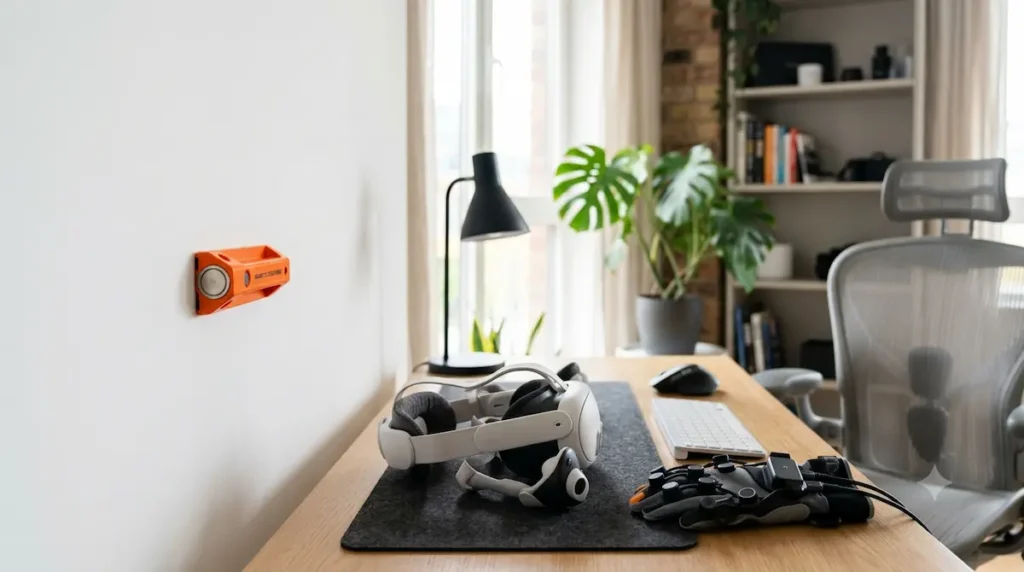 An orange industrial magnetic stud locator stuck flat against an apartment white drywall face layout beside a premium standalone virtual reality VR headset and custom haptic workforce gloves on a modern minimalist wooden desk setup.