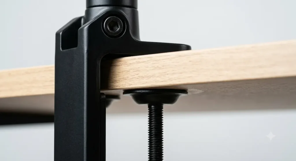 An extreme close-up macro product review photograph focusing on the heavy-duty matte-black steel C-clamp base of a Mount-It dual monitor arm mount. The metal bracket grips the edge of a light wood desk, showing a thick threaded adjustment bolt screw and an undersurface locking pressure plate tightened flush against the desk bottom without any drilling, set against a soft gray backdrop.