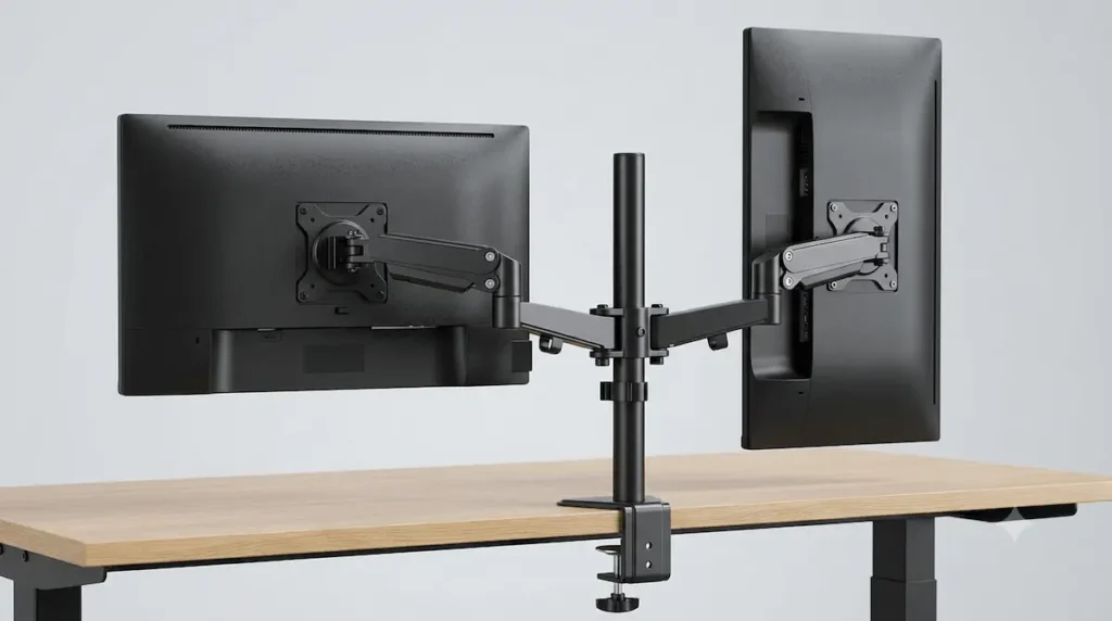 A heavy-duty matte-black alloy steel Mount-It dual monitor arm system mounted via a wide C-clamp to a light wood desk. The setup features two multi-jointed articulating wings attached to a vertical center pole column, holding a left monitor in landscape orientation and a right monitor in portrait orientation against a soft gray studio background.