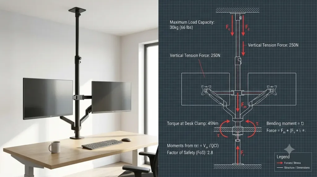 Technical force diagram mapping how a vertical steel office tension pole converts monitor arm torque into a safe floor-to-ceiling vertical friction lock without wall damage.