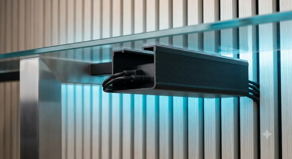 Scanfield self adhesive no screw under desk cable management J channel tray with a micro ribbed texture mounted flush under a glass desk surface.
