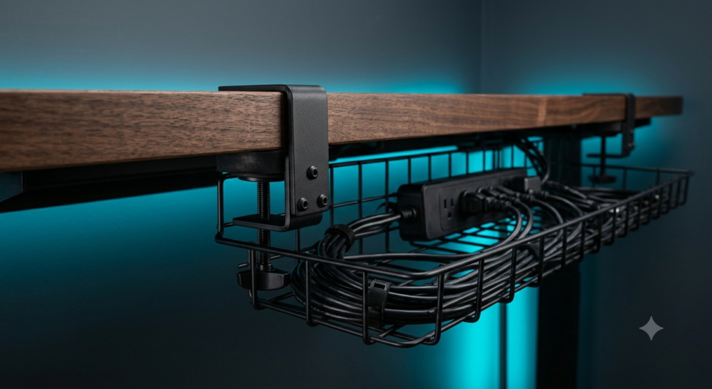A low-angle studio shot of a matte-black iron wire mesh cable tray clamped safely to a dark walnut desk against a slate-gray wall with cyan ambient LED backlighting.