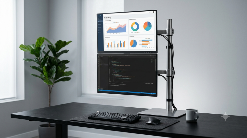 A wide landscape 16:9 photo of a premium renter-friendly home office desk setup. Two computer monitors are stacked vertically, displaying analytical dashboards and programming code. The screens are securely held by a silver stainless steel pole-mount monitor arm attached to a flat, drill-free metal weight-distribution base plate on a clean matte-black desk.