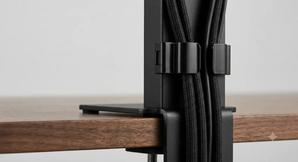 An extreme close-up macro product review photograph focusing on the matte-black base of a Rocstor ErgoReach EP8 monitor mount. Heavy-duty black plastic cable management clips snap tightly onto the steel chassis frame, routing thick braided cords neatly down the edge of a dark walnut wood desk against a light gray background.