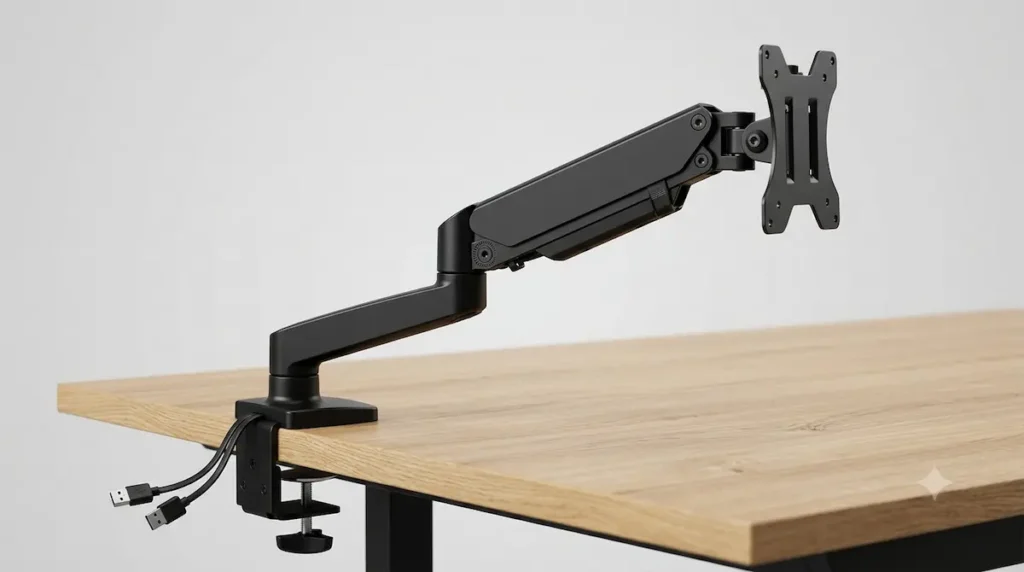 A matte-black Rocstor ErgoReach EP8 mechanical spring monitor arm with USB pass-through cables exiting its desk C-clamp base against a clean light gray studio background.