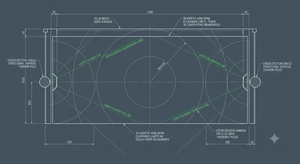 A clean top-down 2D architectural CAD blueprint schematic detailing kinetic arm-span clearance limits, radius calibration circles, and vertical tension pole placements around a solid wood desk surface.