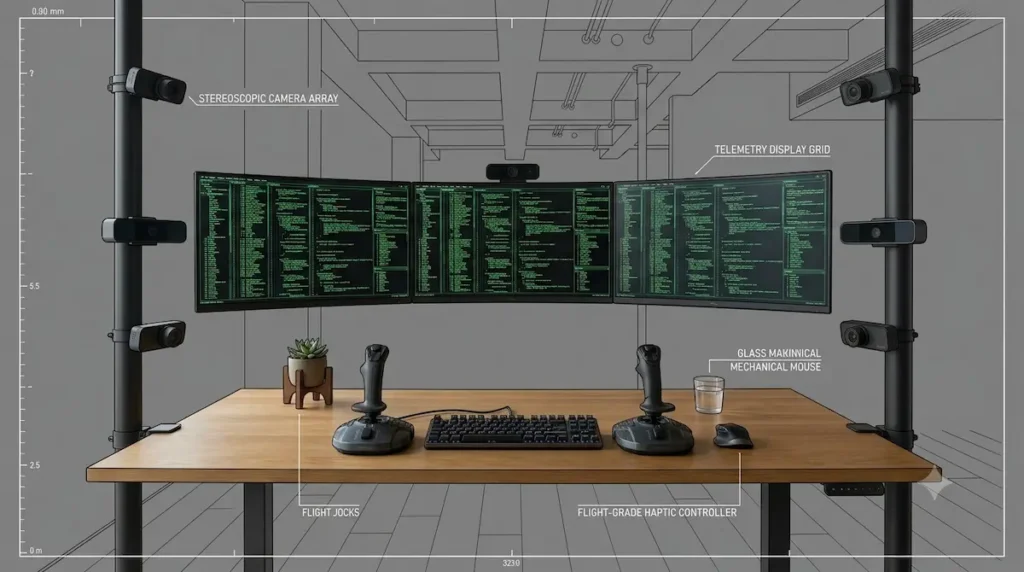An authoritative 16:9 architectural blueprint schematic rendering of a minimalist telepresence home office workspace setup, showing an ultra-wide triple-monitor array clamped between two heavy vertical steel tension poles braced drill-free on a solid oak desk layout.