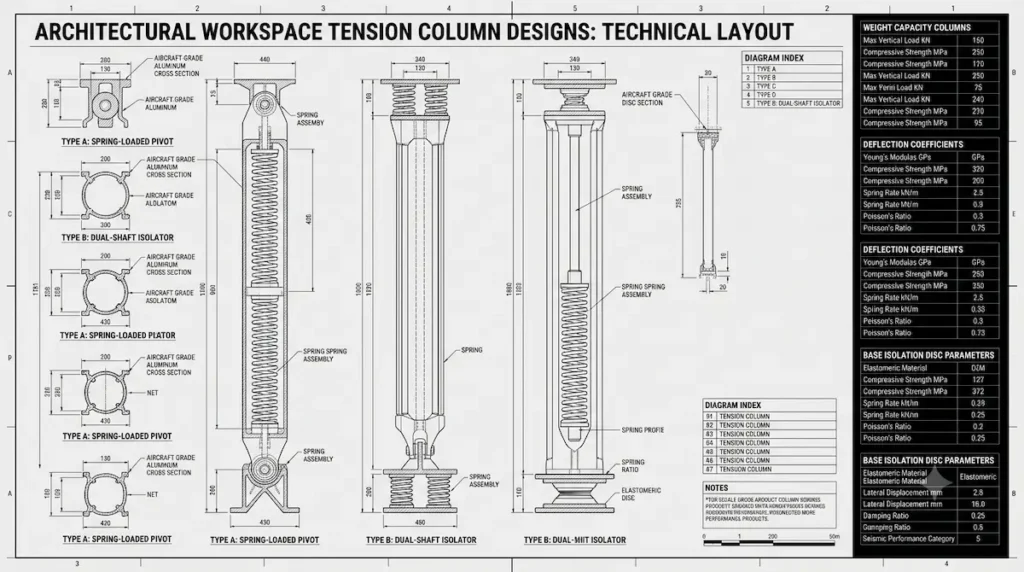 Technical evaluation matrix blueprint schematic detailing height limits, weight capacities, and deflection coefficients of five rental office tension columns.
