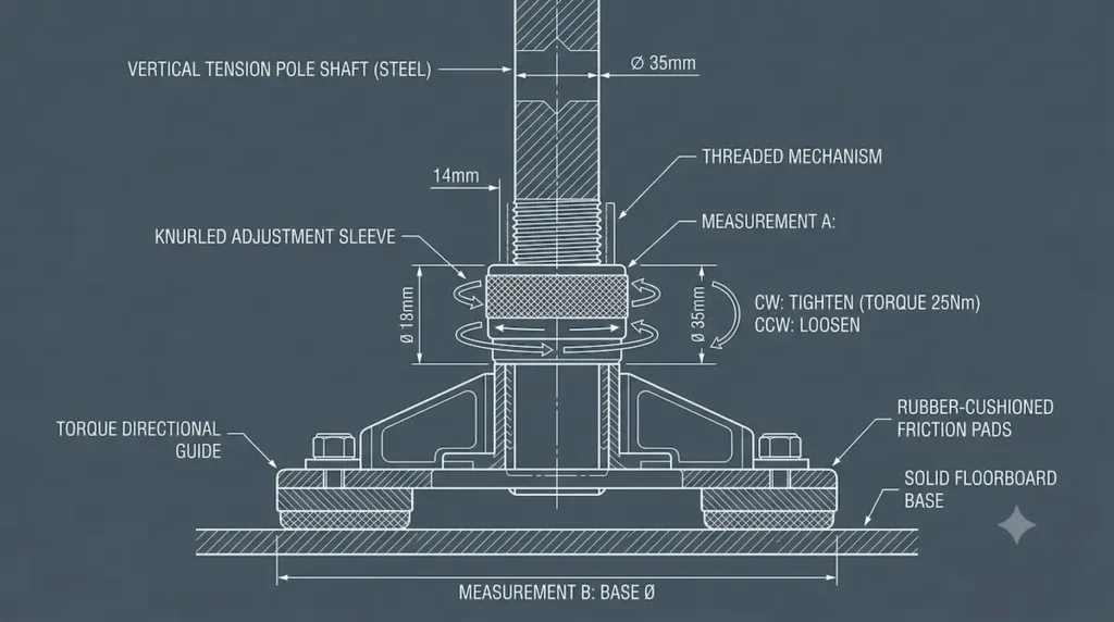 A professional 2D mechanical engineering blueprint cross-section schematic detail tracking a knurled adjustment sleeve and rubber friction pads at the base of a vertical tension pole mount.