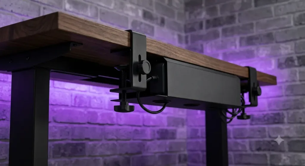 VIVO Black Clamp On 17 in Cable Management Tray DESK-CM6L-B solid steel privacy shield organizer mounted under a walnut desk.