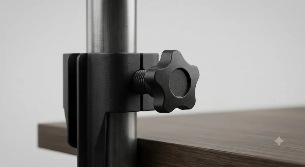 An extreme close-up macro product review photograph focusing on the matte-black steel collar clamp of a VIVO monitor arm wrapped around a vertical pipe. A large black thermoplastic star-shaped hand-tightening screw knob is featured in sharp focus, holding the bracket secure over a dark wood desk surface.