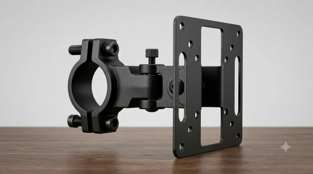 standalone matte-black VIVO alloy steel single monitor pole mount bracket resting on a dark wood desk surface. The hardware features a curved split-collar pipe clamp on the left secured by hex bolts and an open vertical VESA faceplate on the right against a clean light gray backdrop.