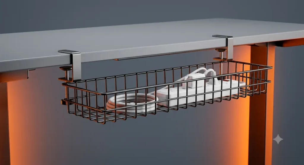 Yecaye black open wire mesh cable management basket with clamp mounts holding a white surge protector under a matte gray desk