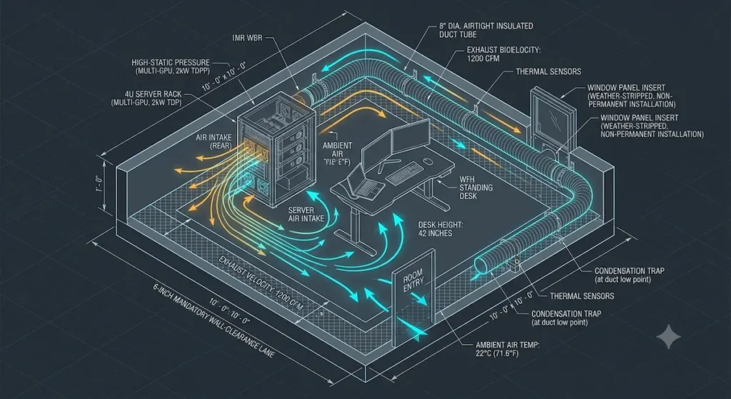 A high-fidelity 3D isometric engineering blueprint diagram of a 10x10 foot apartment room volumetric heat matrix. A 4U server rack tower pulls in cool air intake, venting a dense thermal stream through an 8-inch airtight insulated duct tube running cleanly to a non-permanent window panel insert. The diagram explicitly overlays a 6-inch mandatory wall-clearance lane vector alongside a WFH standing desk array positioned inside a 22-degree-Celsius ambient zone.