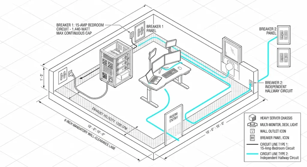 A high-contrast 2D isometric line art electrical blueprint schematic mapping an apartment workspace split across two independent circuit breaker lines. The high-compute server chassis routes directly to a 15-Amp bedroom line capped at 1,440-Watts, while the motorized standing desk, screens, and lighting array trace a bold cyan wiring line out through the room doorway to an independent hallway breaker panel.