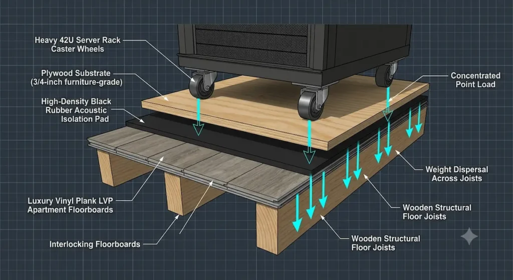 A technical 3D cross-section diagram showing an apartment server rack weight dispersal platform. Steel caster wheels sit on a 3/4-inch plywood sheet layered over a high-density rubber isolation pad to protect interlocking luxury vinyl plank flooring by spreading point-load vectors evenly across floor joists.