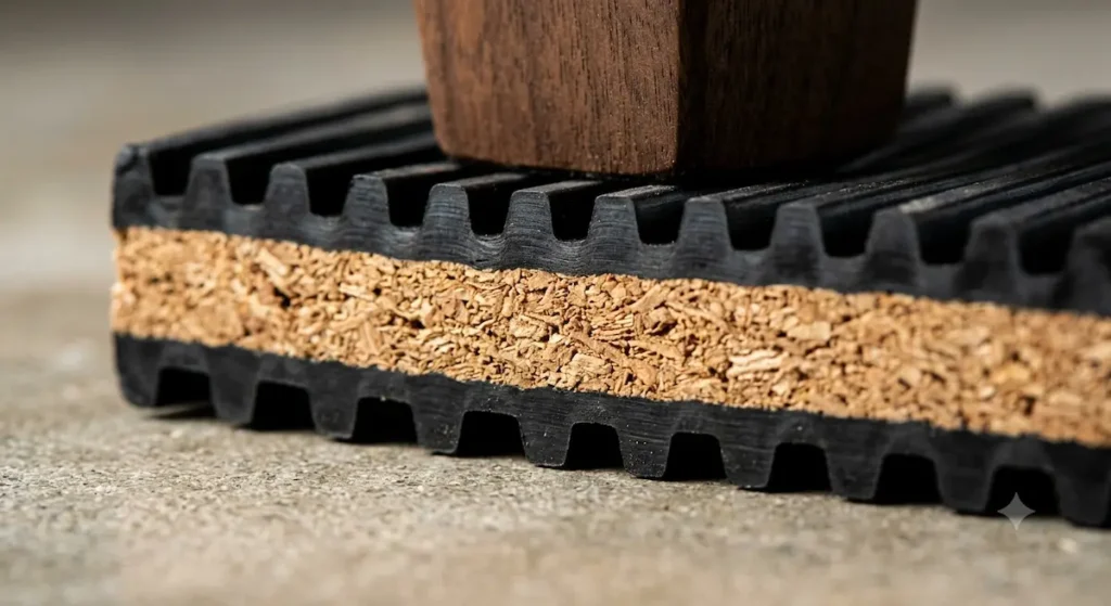 An extreme close up macro photograph showing a square 4x4x7/8-inch DiversiTech MP-4C rubber cork anti vibration pad compressing its natural cork layer beneath a walnut wooden desk leg.