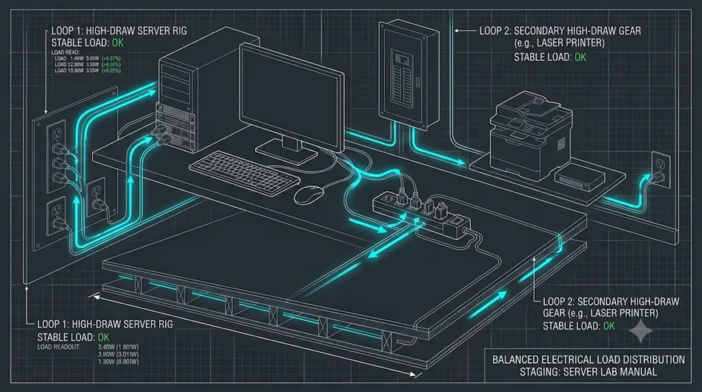 Technical electrical staging blueprint illustrating how to isolate a high-draw computer server rig on Loop 1 and a laser printer on a separate Loop 2 apartment circuit.