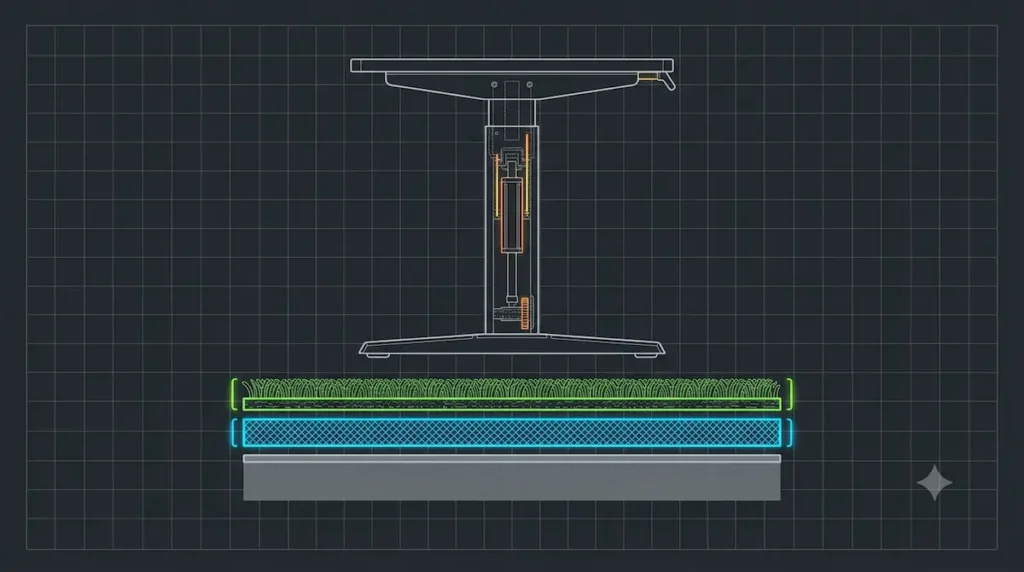 A horizontal dark-mode architectural blueprint banner mapping an adjustable desk frame leg floating over an exploded cross-section model of carpet fibers, foam padding, and a solid subfloor.