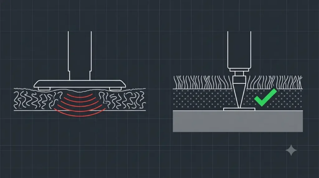 A clean dark-mode technical diagram showing a side-by-side comparison of a flat desk foot causing carpet compression wobble versus a steel speaker spike passing through carpet padding to rest flat against the subfloor.