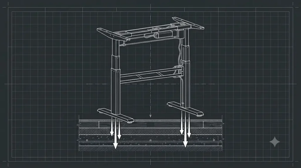Technical dark-mode engineering blueprint diagram mapping downward dynamic point-load weight vector forces travelling from an adjustable standing desk frame directly into luxury vinyl plank apartment flooring.